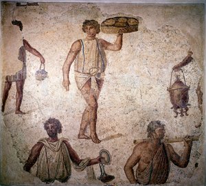 Servants or Slaves Making Preparations for a Feast, Mosaic, Carthage