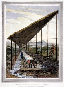 Slaves washing for diamonds watched over by supervisors with whips, Brazil, 1815