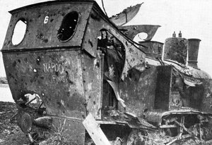Smashed locomotive at Peronne, France, First World War