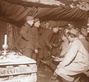 Soldiers in a shelter, Genicourt, northern France, c1914-c1918