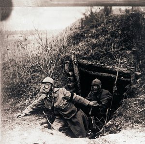 Soldiers in Gas Masks Emerging from Trenches