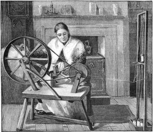 Spitalfields silk worker winding silk in her cottage, London, England