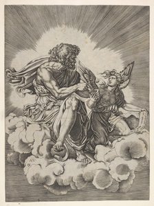 St. Matthew, seated on a cloud with legs crossed and dipping a quill into an inkwell