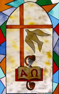 Stained glass: Christian symbols, Togoville, Togo