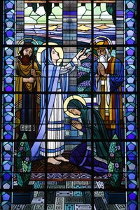 Stained glass in Notre Dame du Rosaire catholic church: the Visitation, Saint-Ouen, France
