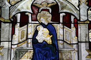 Stained Glass Window at Collegiale Notre-Dame des Marais: Virgin and Child, Villefranche-sur-Saone, France