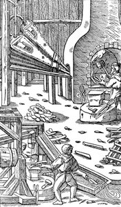 Steel production: a forge with bellows to produce draught
