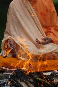 Swami Veetamohanda Performing the Homa Fire Ritual in the Garden of the Ramakrishna Vedantic Center, Gretz