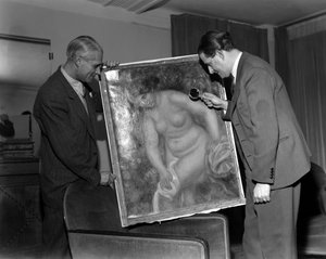 The Art Critic Berenheim in Paris. He Admires a Painting by Renoir with a Magnifying Glass - 1948