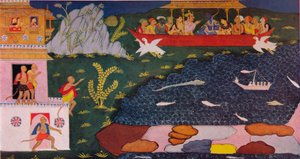 The Arrival of Rama and Sita in the Aerial Car, 18th Century, 1937 by Unbekannt
