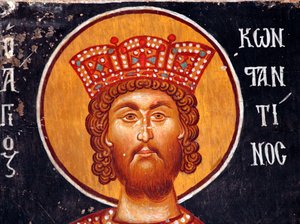The Byzantine Fresco from the 15th Century (Detail): The Emperor Constantine, Wall Painting, Michael Archangel Church in Pedoulas, Cyprus, Painted Churches UNESCO Site, Troodos, Cyprus
