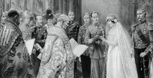 The Duke of York placing the ring on Lady Elizabeth Bowes-Lyon