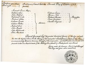 The Freedom of Stratford-upon-Avon, presented to David Garrick