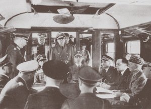 The German and French delegations inside a railroad car at Compiègne for the signing of France