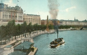 The Victoria Embankment, and Steamship on the River Thames, London