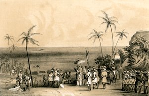 The merchants of Calicut seized and chained to a barren rock by order of Tippoo Saib, 1847 by Unbekannt