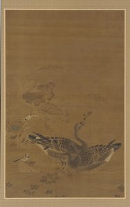 Two Geese Feeding in a Lotus Pond
