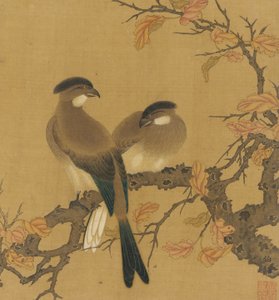 Two Crested Birds on a Branch, Autumn Leaves by Unbekannt