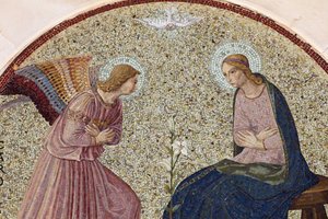 Tympanum mosaic depicting the Annunciation in Madonna della Scala Benedictine abbey, Noci, Apulia, Noci, Italy by Unbekannt
