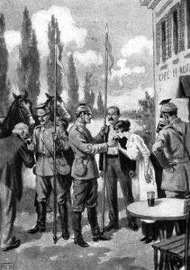 Uhlans demanding refreshments from Belgian villagers, First World War