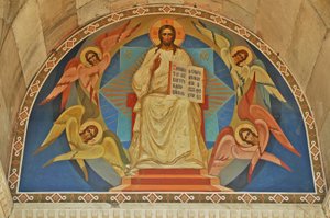 Ukraine, Sevastopol, St Vladimir’s Orthodox Cathedral (burial vault of admirals), fresco above entrance by Unbekannt