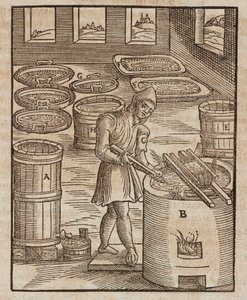 A Man Tests Saltpeter, Used in Gunpowder and Meat Preservation - Engraving from Description of Ores and Principal Mining Methods, by Lazarus Ecker by Unbekannt