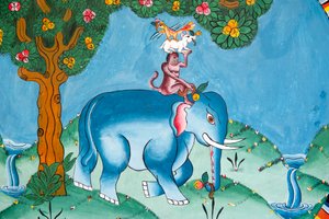 Legend of the Four Friends: Elephant, Monkey, Rabbit, and Rooster, Kharbadi Gompa, Bhutan by Unbekannt