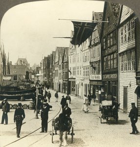 Warehouses along the quay in old town Bergen, for centuries the great fish mart of Norway, c1905