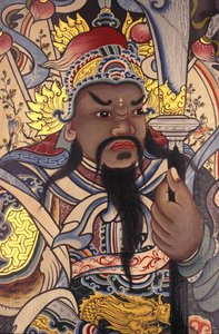 Wat Pho Buddhist Temple Guardian Painted on Door, Bangkok, Thailand