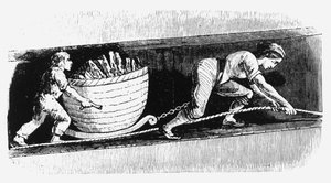 Woman and boy drawing a corve containing 3-4 cwt of coal, Bolton, Lancashire, 1848 by Unbekannt