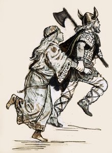 Woman being dragged off by a Viking raider