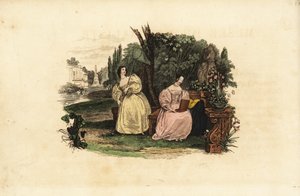 Women entomologists catching butterflies in a garden, mid 19th century by Unbekannt