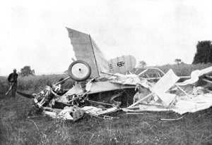 Wreckage of aeroplane in which British pilot Flight-Lieutenant Warneford was killed