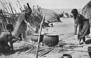 Zulu wives brewing utshwala beer, Natal