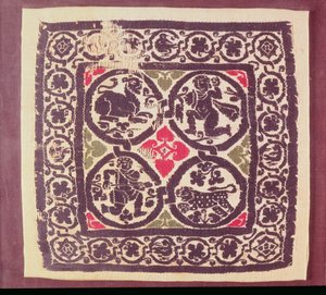 East Roman Empire tapestry showing wild beast hunt, excavated from burial grounds at Akhmim, 3rd-7th century