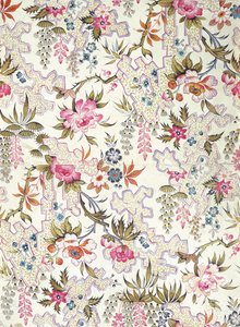 Floral design for silk material with stylized flowers and ground pattern of meanders filled in with tiny seaweeds, c.1790
