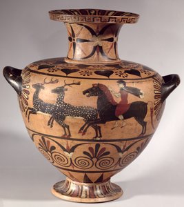 Hydria, hunting scene, Archaic Greek, black figured Etrusco-Ionian period, c.540-530 BC (pottery)