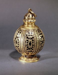 Pomander, decorated with chased scrollwork enclosing black enamel, silver-gilt, probably English, c.1580