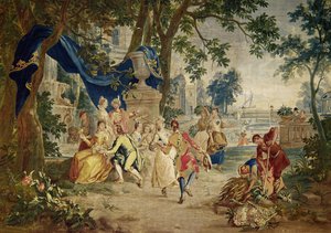 The village Fete after D.Teniers, woven by LeClerc and J.van der Borg, late 17th century, landscape setting probably designed by Lucas Achtschelling