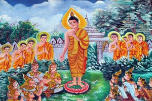 Painting Depicting Buddha Teaching Under a Tree, with King
