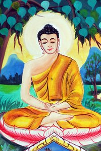 Wat Inpeng Buddhist Temple. Painting Depicting the Life Story of Shakyamuni Buddha. Buddha Sitting in the Meditation Pose, Vientiane, Laos, 2015