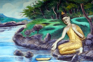 Wat Inpeng Buddhist Temple. Painting Depicting the Life Story of Shakyamuni Buddha. Bathing in the River, Vientiane, Laos, 2015 by Unbekannt