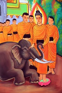 Wat Si Muang (Simuong) Buddhist Temple. Painting Depicting the Life Story of Shakyamuni Buddha. A Wild Elephant Tamed by Loving-Kindness, Vientiane, Laos, 2015 by Unbekannt