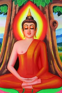Wat Si Muang Buddhist Temple: Painting Depicting the Life Story of Shakyamuni Buddha - Buddha Sitting in the Meditation Pose Under the Bodhi Tree, Vientiane, Laos by Unbekannt