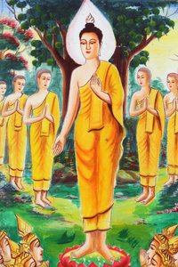 Painting Depicting the Life Story of Shakyamuni Buddha. The Buddha Devoted Himself to Teaching, Attracting Hundreds of Followers, Vang Vieng, Laos, 2015 by Unbekannt