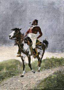 A brave Comanche, traveling on horseback in the southern prairies (Texas, Oklahoma, USA), around 1800. Lithograph