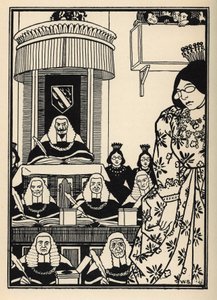 A court largely feminine appears to the Baron an irony worthy of mention among his adventures. Illustration by William Strang and JB Clark from The Adventures of the Baron of Munchausen by Rudolf Erich Raspe