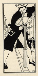 A giant, brought by the Baron de Munchausen from the Cheese Island in England, lights the street lights without a ladder. Illustration by William Strang and JB Clark from 
