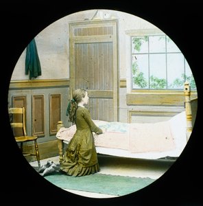 A Girl Kneeling in Prayer at Her Bedside, Magic Lantern Slide, c 1890