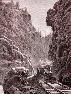 A train crossing Colorado mountains. U.S.A. in 1886